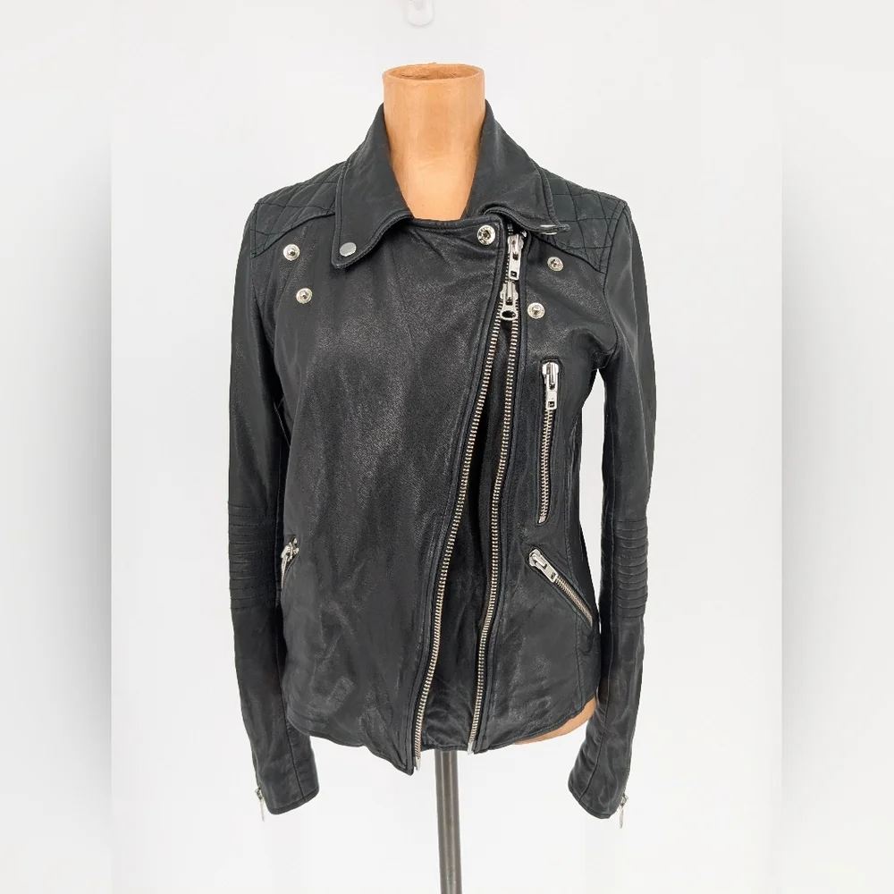 Black Genuine Lambskin Leather Moto Jacket Womens XS Double Zip Slim Biker Chic - Picture 4 of 15